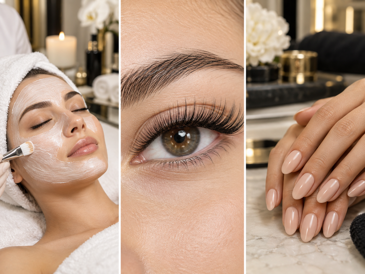 Exemples de soin du visage, pose de cils et manucure
