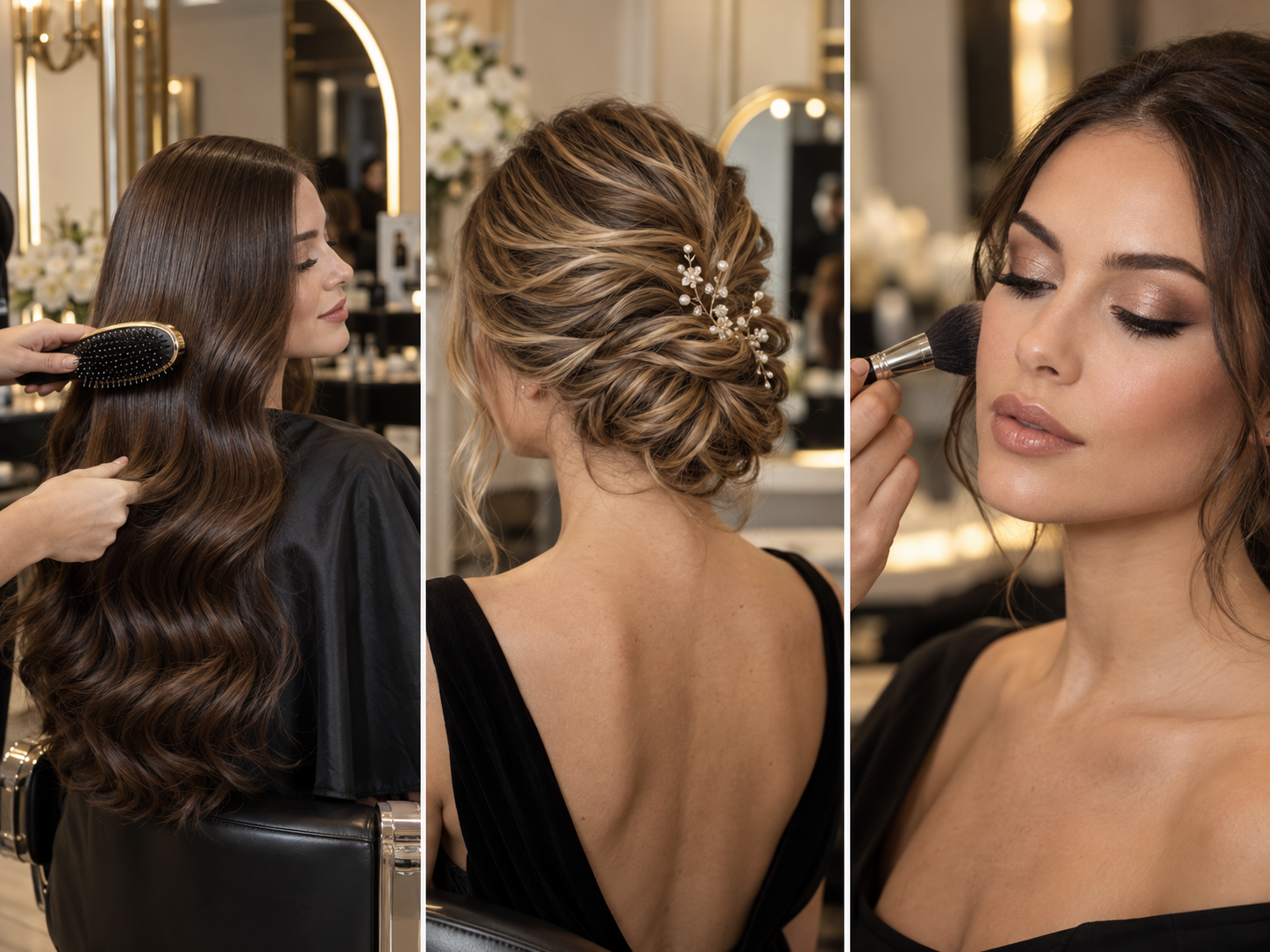 Exemples de brushing, coiffure événement et maquillage